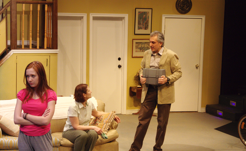 Actors (left to right) Laura Dumitrache, Renee Cullen and Sean Ballantyne on stage for Scarborough Players' show "Caught In The Net" (JRN273/Adele Lukusa)
