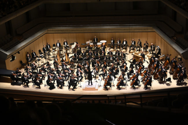Aerial photo of an orchestra playing.