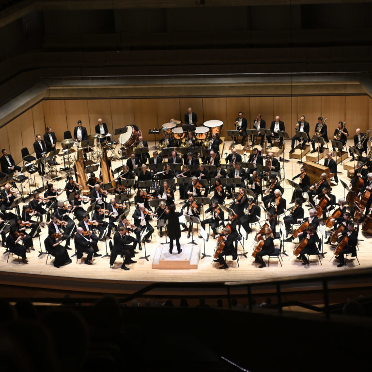 Aerial photo of an orchestra playing.