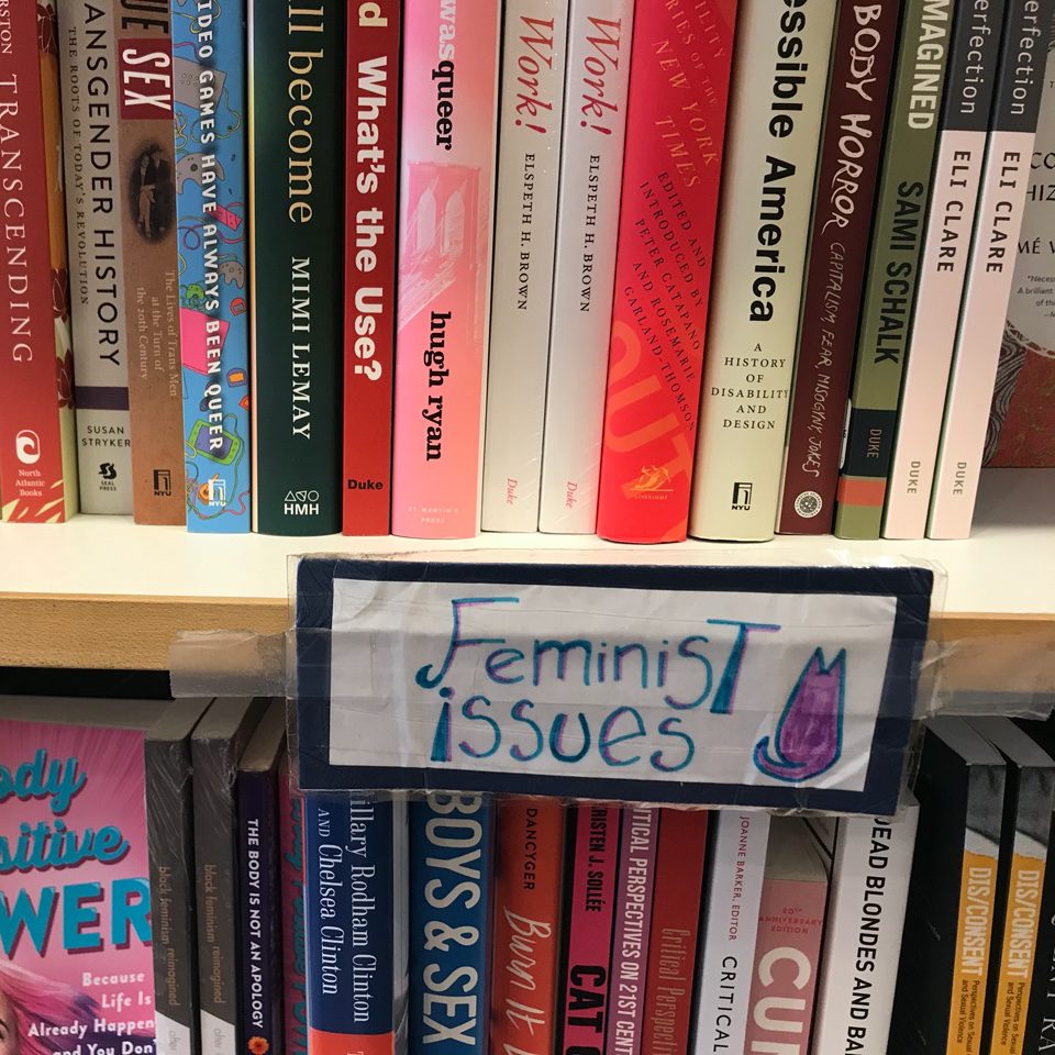 A handwritten genre sign reading 'feminist issues'.