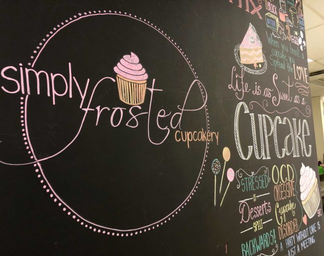 Chalkboard with art of cupcakes.