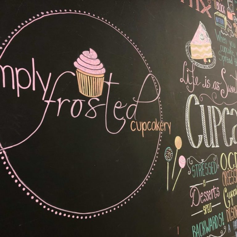 Chalkboard with art of cupcakes.