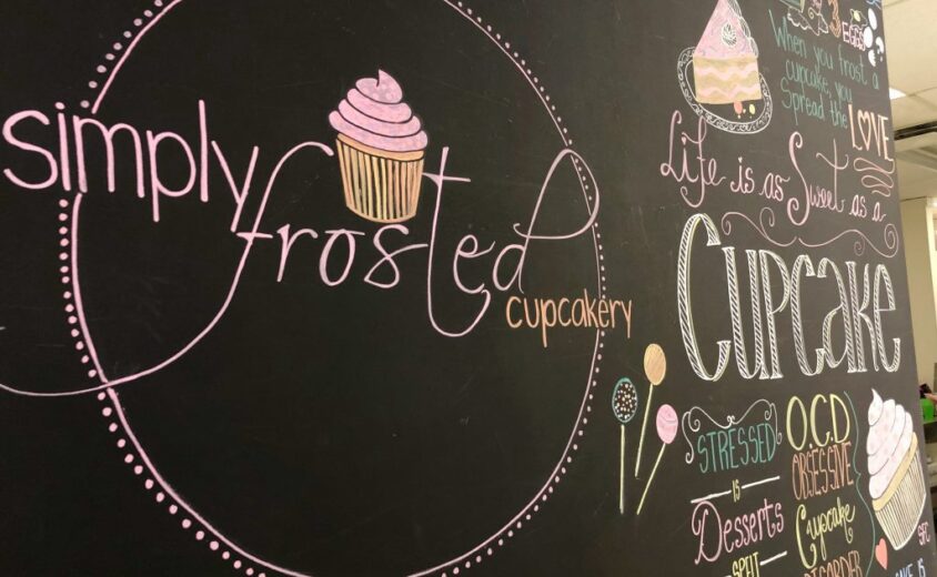 Chalkboard with art of cupcakes.