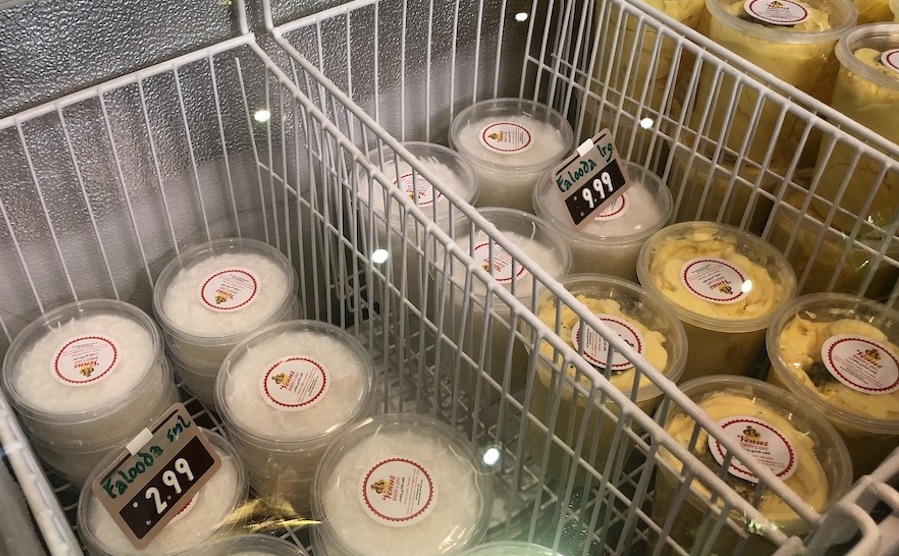 Ice cream is photographed in a freezer, specifically, Afshin's famous "Falooda."