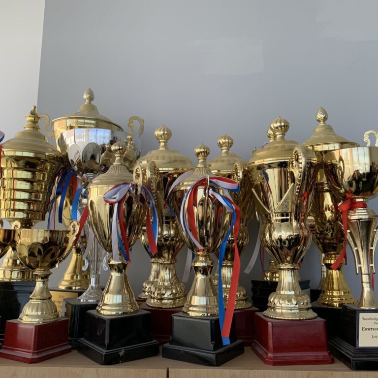 VAVAROUTSOS_Trophies Rows of golden trophies with ribbons on them.