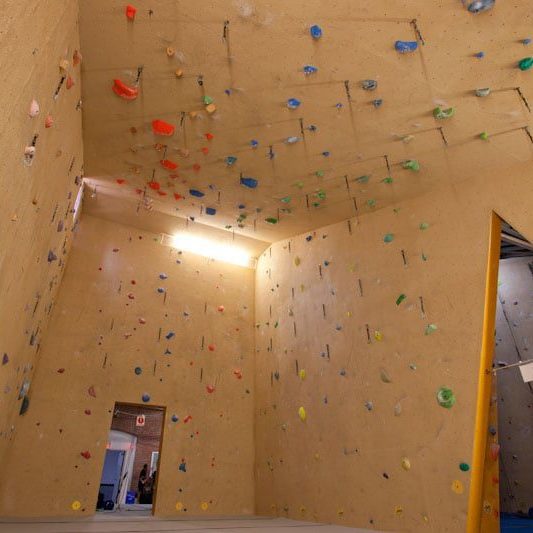 A concrete room is covered in small foot handles for indoor rock climbing. The hooks are also attached to the ceiling, giving lots of options on where to climb.