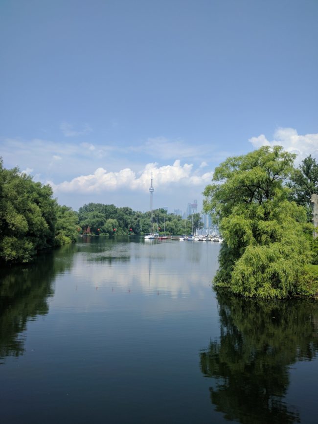 Far away photo of the CN tower surrounded by trees and water with clouds in the background at a harbour during the daytime