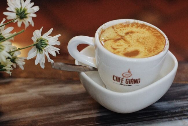 Coffee placed on a wooden table.