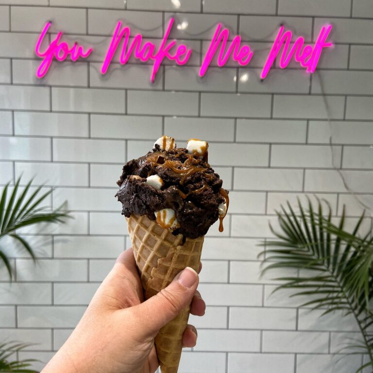 Rujuta Agate holding a salted caramel ice cream cone at Pandoughra's Box in Stackt Market.