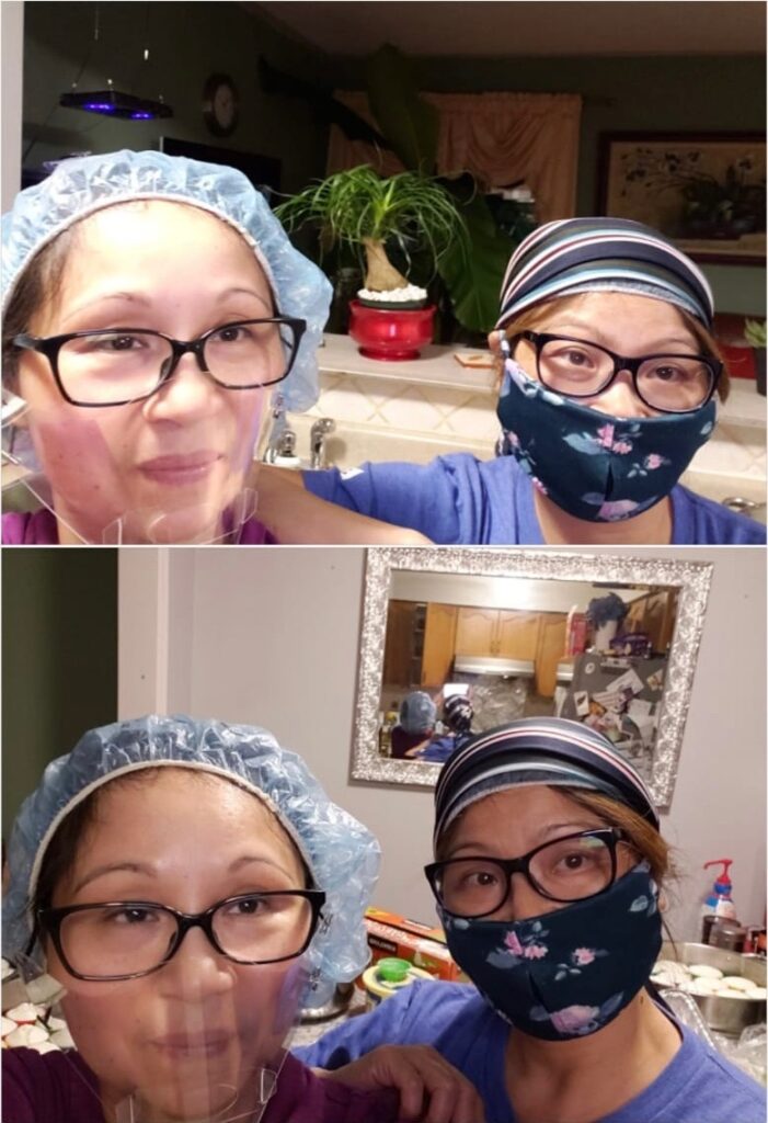 A collage with two photos of two women wearing face shields and masks posing for selfies together. 