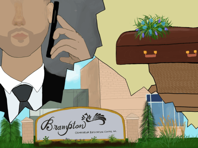 Art decepting a man calling on his phone, a crematorium centre, and a casket with flowers on top.