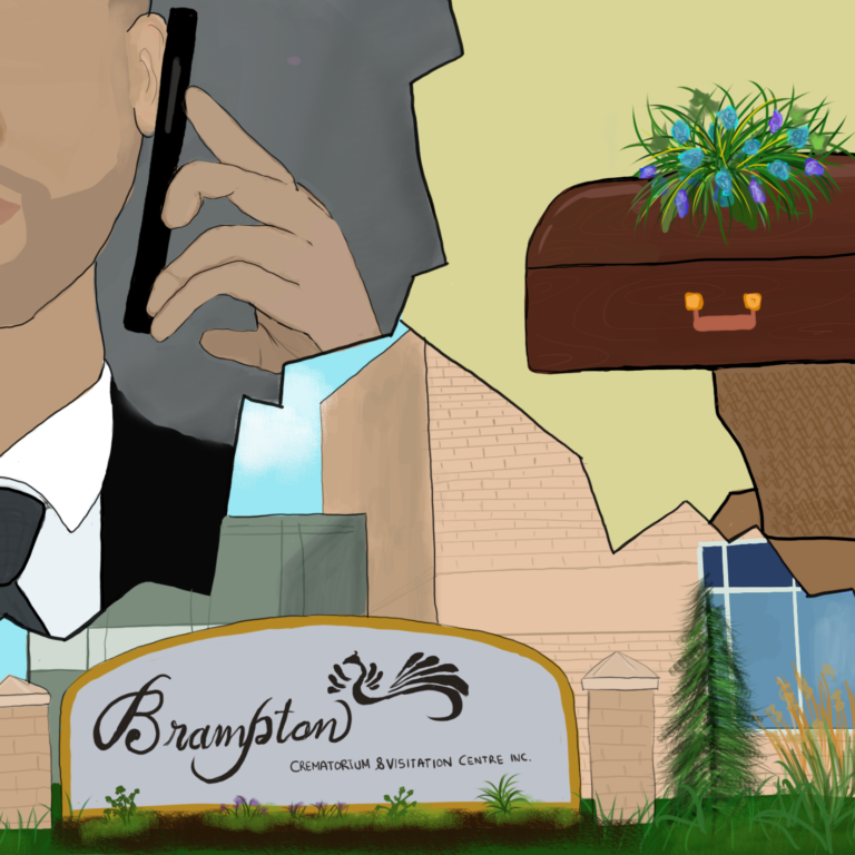 Art decepting a man calling on his phone, a crematorium centre, and a casket with flowers on top.