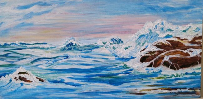 Painting of the sea crashing against the coast.
