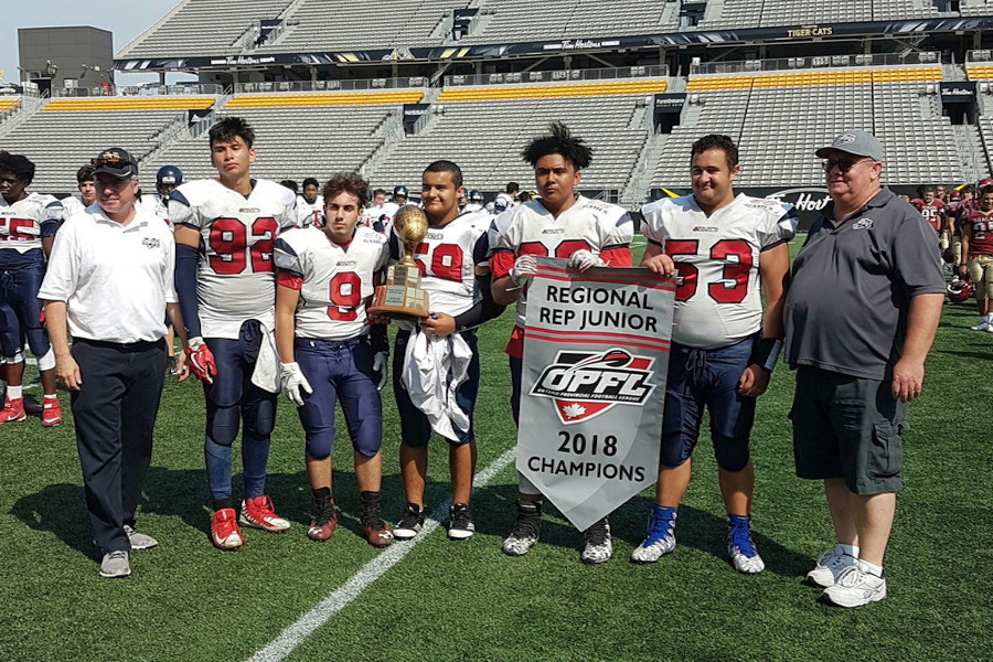 Football players holding banner