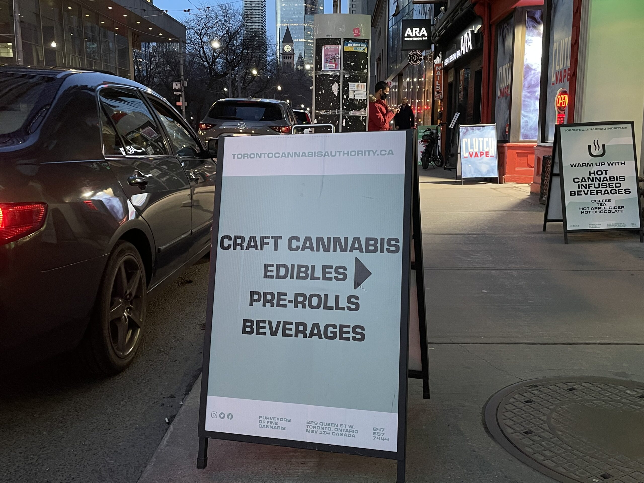 advertisement of different products sold; edibles, pre rolls, beverages.