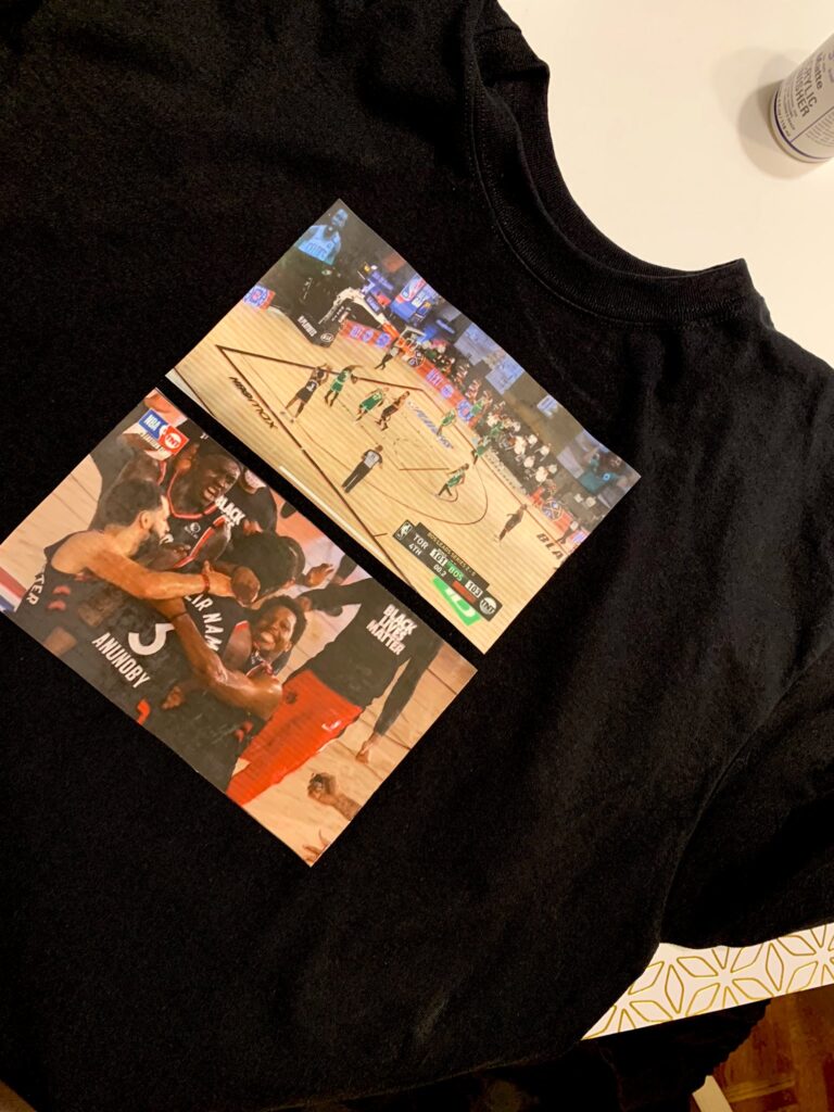 This is a t-shirt with a picture of OG Anunoby's buzzer-beater against the Boston Celtics