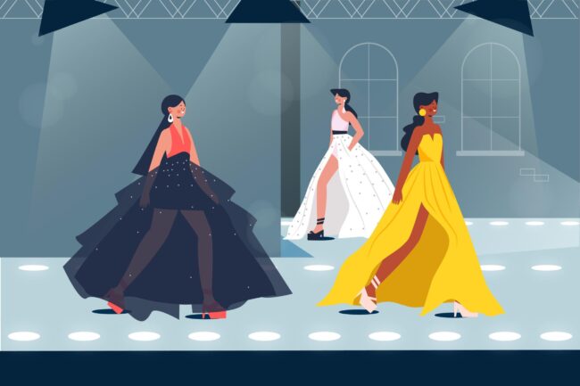 Three animated people walking a runway