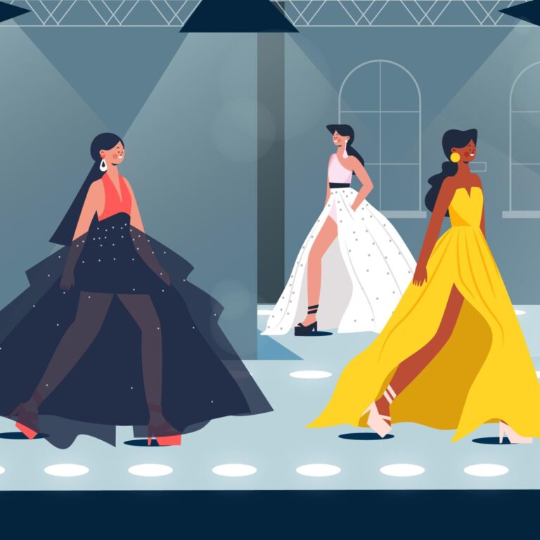 Three animated people walking a runway