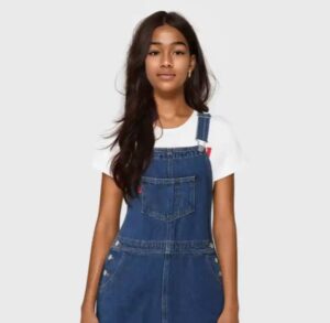 Image of AI generated model wearing blue overalls