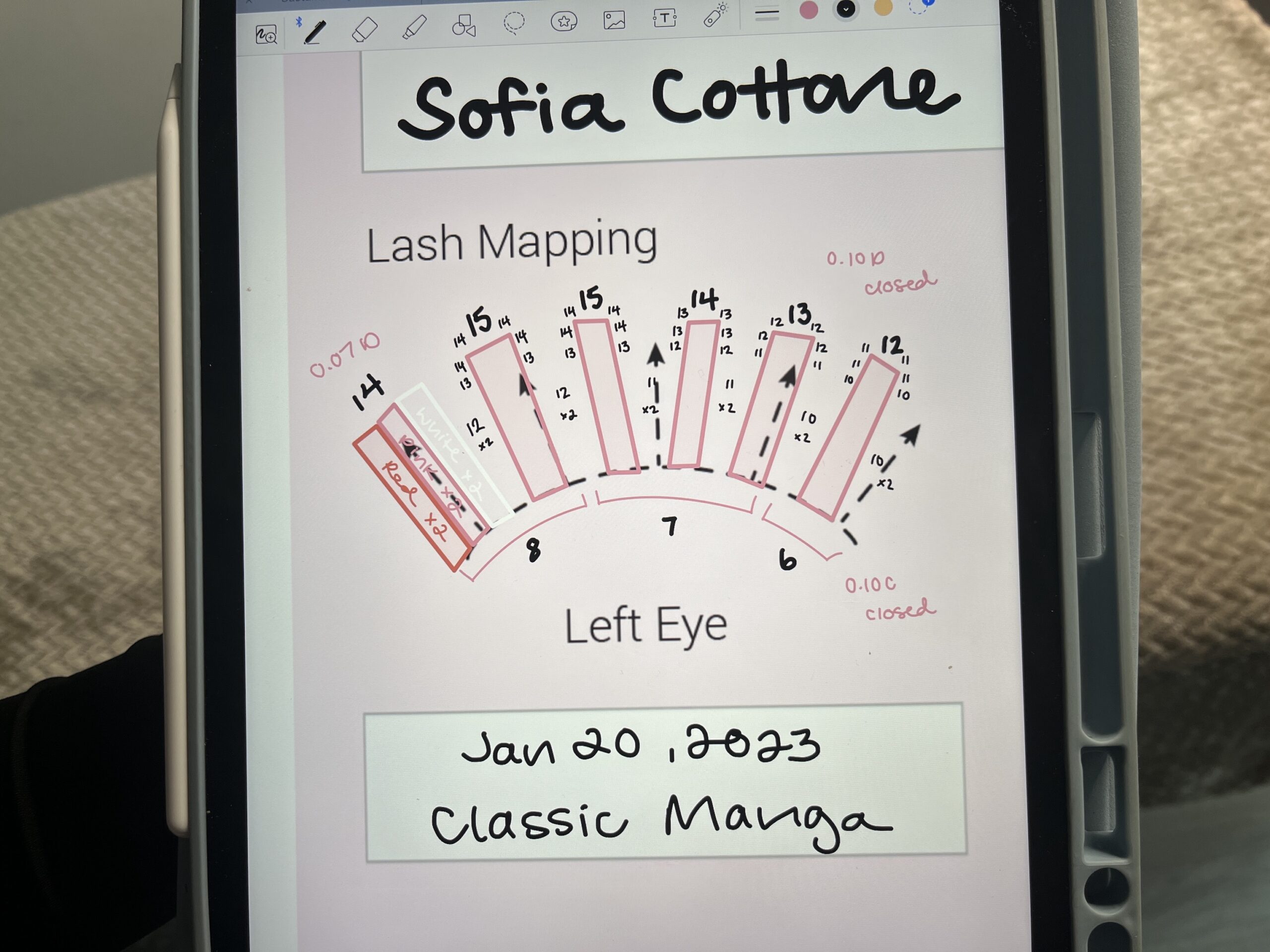 An iPad with a map/diagram of an eyelash extension application