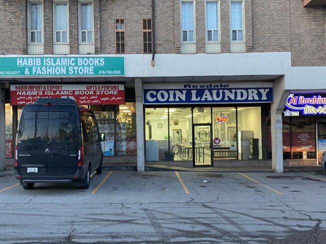 Front view of a laundromat called Rexdale Coin Laundry