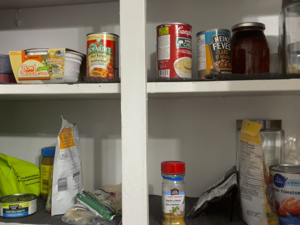 Empty cupboard with little food.