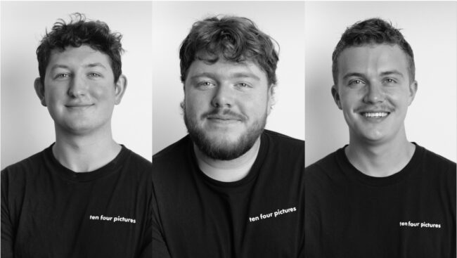 Three boys smiling, wearing T-shirts that say "Ten Four Pictures"