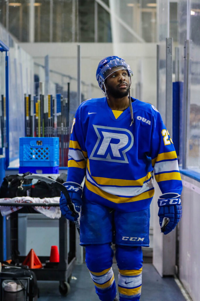 Elijah Roberts exits the ice while looking to his right