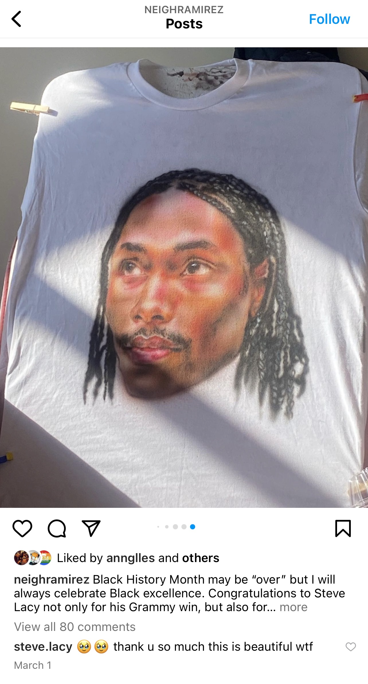 screenshot of Laneigh Ramirez' instagram account, feature an airbrush painting of artist Steve Lacy. 

TEXT IN IMAGE- "Black History Month may be "over" but I will always celebrate Black excellence. Congratulations to Steve Lacy not only for his grammy win, but also for..." 
