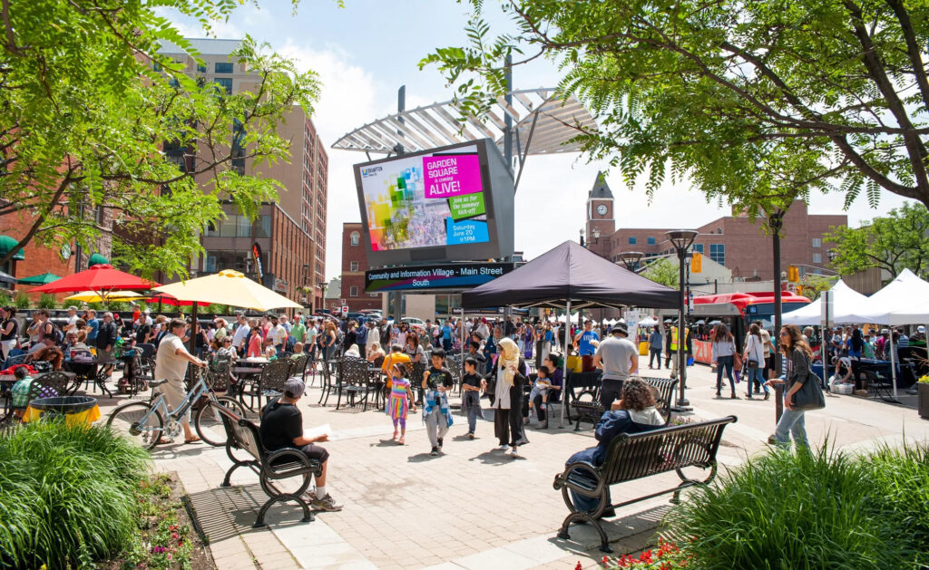 A busy town square of Brampton residents.
