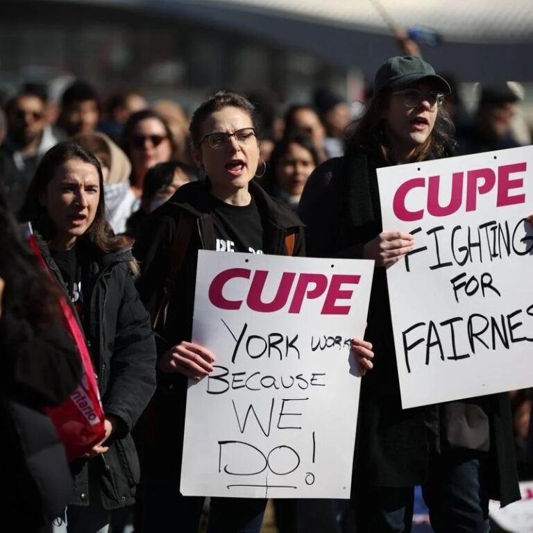 CUPE members holding signs with emotional facial expressions.