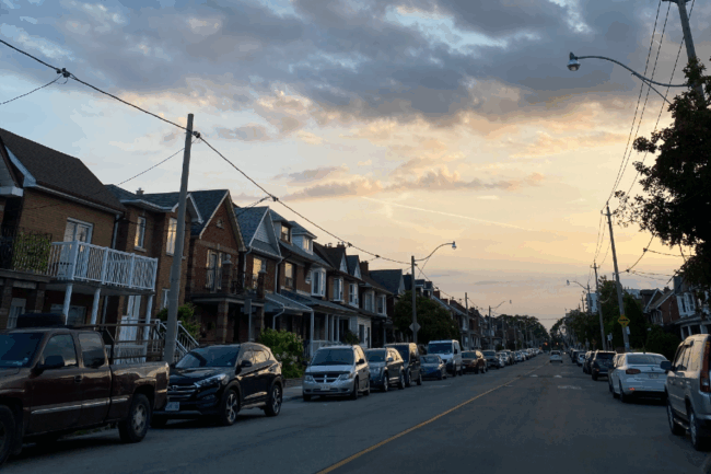 View of Lappin Avenue at sunset facing Lansdowne Avenue.