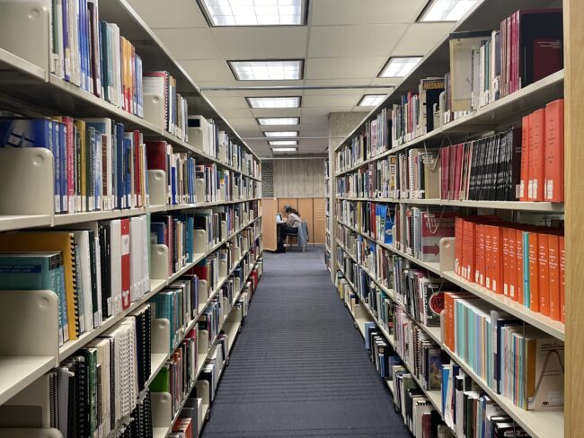 Person sitting at a desk with book shelves on either side.